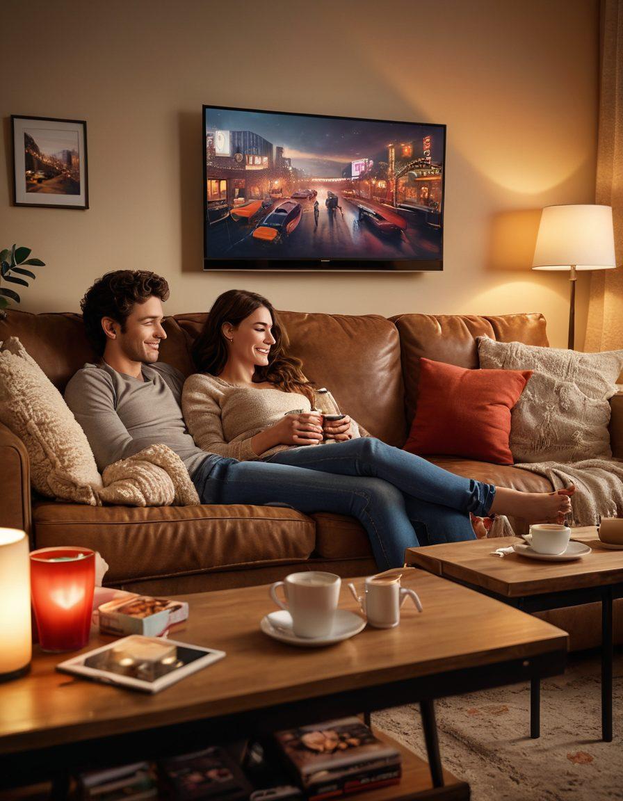 A cozy living room scene featuring a couple snuggled up on a couch, surrounded by digital devices like a TV and laptops displaying heartwarming romance movies. Soft lighting, romantic decor, and popcorn scattered around enhance the atmosphere. Include a coffee table with mugs and a heart-shaped pillow to amplify the love theme. super-realistic. warm colors. cozy vibe.